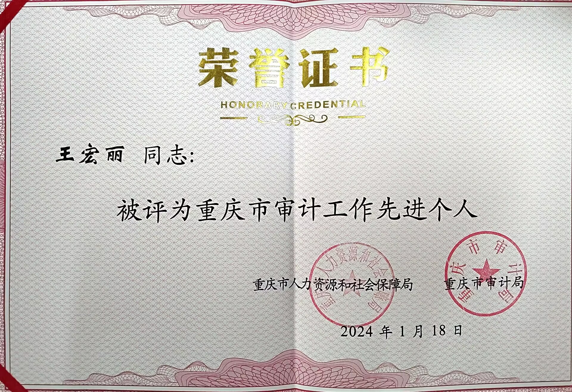 审计处王宏丽同志获评重庆市审计工作先进个人